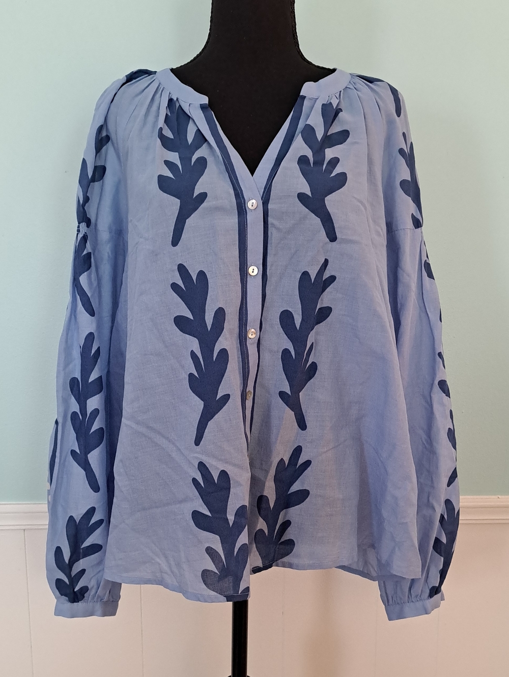 DR2 Sky Blue Blouse with Navy Leaf Print